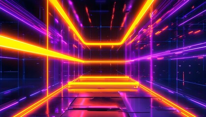 Wall Mural - Futuristic digital connections illuminated by vibrant neon lights in dynamic purple and orange hues