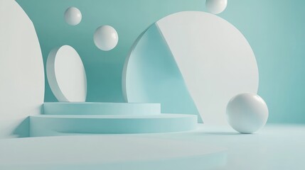 Wall Mural - Detailed 3D abstract shapes on a clean, futuristic backdrop, leaving space for text. Minimal design with no people or logos.