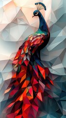 Wall Mural - A peacock in a stylized 3D illustration, featuring geometric shapes and a modern aesthetic.