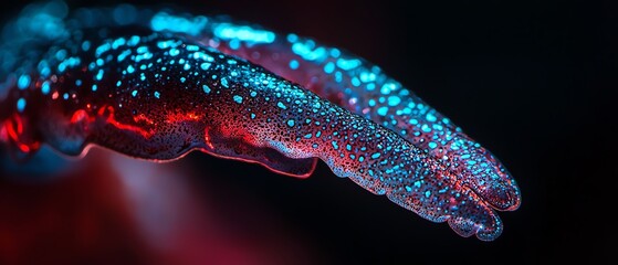 Closeup of a blue and red bioluminescent squid tentacle.