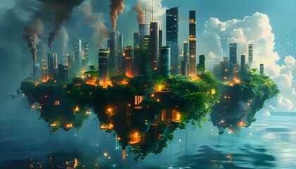 Wall Mural - Dreamlike floating island adorned with towering skyscrapers, vibrant greenery, billowing smoke, and mesmerizing reflections in tranquil waters below