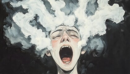 a dramatic portrayal of a figure expressing intense emotion, with swirling clouds symbolizing chaos 