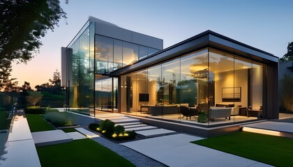 Wall Mural - Elegant modern luxury home with glass walls and lush garden pathway at dusk, showcasing contemporary architecture and refined outdoor landscaping