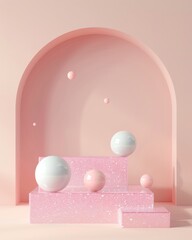 Aufkleber - Minimalist Pastel Holographic Podium with Pink Glitter Accents in Bright Diffused Light