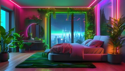 Wall Mural - Futuristic bedroom bathed in neon light with indoor plants and a stunning city skyline, showcasing modern and eco-friendly interior design innovations.