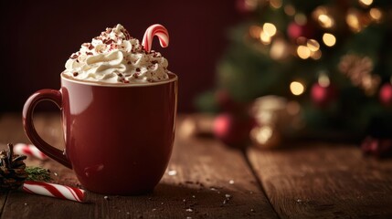 Hot chocolate with whipped cream and candy cane on a wooden table, with a deep maroon background and a Christmas tree in soft focus behind, copy space, Merry Christmas background, festive beverage