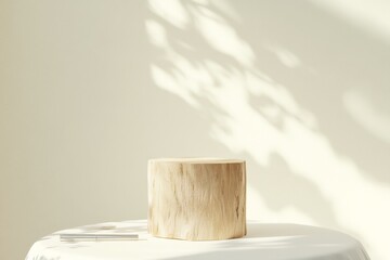 Aufkleber - Minimalist Wood Podium with Silver Pens on Light Beige Background