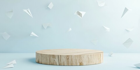 Aufkleber - Minimalist Wooden Podium with Paper Airplanes on Pastel Blue Background