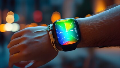 Futuristic close-up of a wrist adorned with a luminous smart wristband and vibrant LED watch, showcasing modern wearable technology illuminated at night.