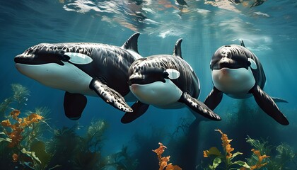 Graceful orcas gliding through vibrant underwater vegetation, celebrating the beauty of oceanic wildlife in their natural habitat