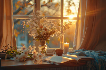 A book in front of the windowsill