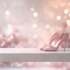 Aufkleber - Minimalist Pastel Product Display Elegant Pink Heels on Concrete Surface with Soft Bokeh Background