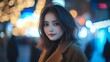 © PhirakAi02 - A stylish woman with a warm expression, surrounded by vibrant city lights, capturing the essence of urban life and fashion.