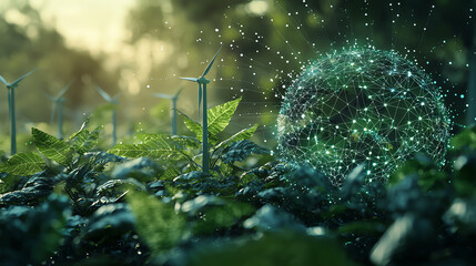 A futuristic view of a green landscape with wind turbines and a glowing sphere, symbolizing sustainable energy and nature.