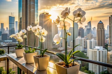 Serene urban oasis: delicate white orchids bloom in pots on a balcony, overlooking towering skyscrapers in the distance, bathed in soft, warm white light.