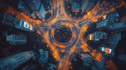 Aerial shot of a flying car highway, surrounded by sleek skyscrapers and floating billboards, with dynamic traffic patterns and glowing city lights at dusk