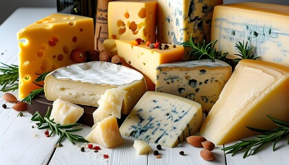 Artisan cheese platter featuring Suluguni, camembert, blue cheese, parmesan, maasdam, and rosemary-infused brie on rustic white wood backdrop