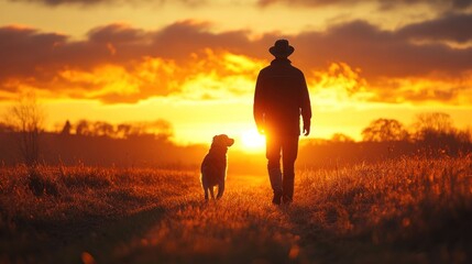 Sticker - Silhouettes of Man and Dog at Sunset