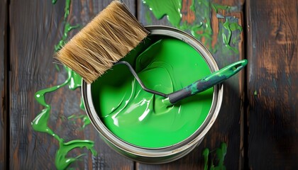 Wall Mural - Top view of green paint can and brush resting on a wooden surface