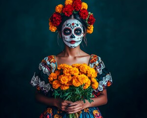 A woman in a Mexican costume holding a bouquet of orange flowers