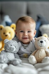 Wall Mural - The baby sat in front of the toy and laughed heartily