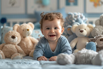 Wall Mural - The baby sat in front of the toy and laughed heartily