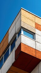 Modern architectural detail with bold colors against blue sky for print or poster