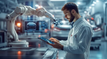 Very realistic and photographic photo of an engineer working on a tablet in a sleek electric vehicle factory, surrounded by holographic displays analyzing robotic arm operations. The scene highlights