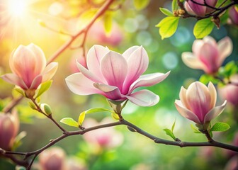 Soft focus pastel bokeh background highlights delicate pink petals of blooming magnolia tree in spring, surrounded by lush green leaves, with ample copy space.