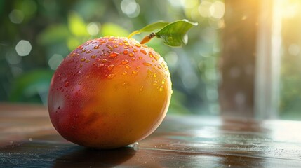 Wall Mural - A delicious, juicy peach with a sprinkle of sugar on top sits freshly on a table.