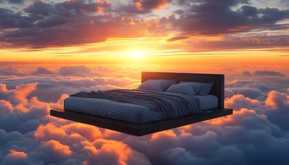 Wall Mural - Serene floating bed above clouds bathed in warm sunset glow, evoking tranquility and dreamlike escape into a surreal realm