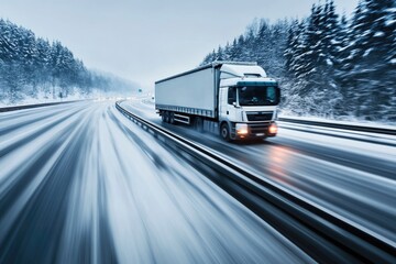 Wall Mural - Side view of a transport truck moving swiftly down a snowy highway, with motion blur adding a dynamic effect, emphasizing resilience and speed