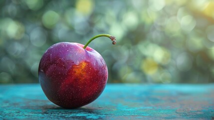 Wall Mural - A ripe grapefruit sits freshly picked on a blue table with blurred greenery in the background.