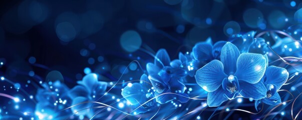 Poster - A stunning arrangement of blue orchids illuminated by soft lights, creating a tranquil and enchanting atmosphere.
