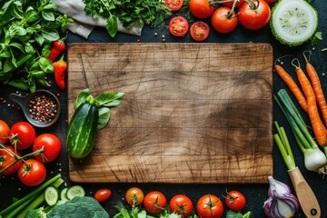 Top view of a cutting board surrounded by chopped vegetables, with empty space on the side for copy