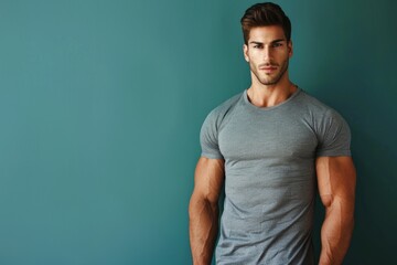 Wall Mural - fit man with a muscular build confidently standing against a solid color background, presenting with