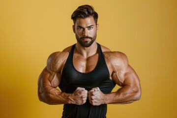 Wall Mural - cropped view of a fit man confidently presenting, solid color background highlighting both his intel