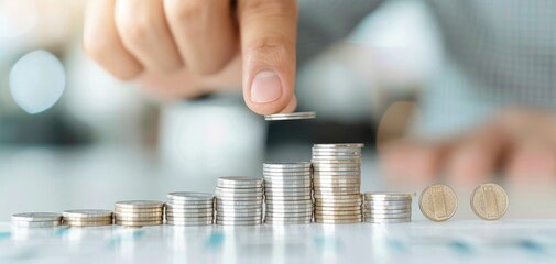 Fototapete - A hand stacking coins on a table, symbolizing savings, investment, and financial growth in a modern business environment.
