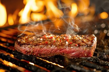 Wall Mural - Juicy steak searing on the grill, flames in the background