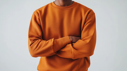 Canvas Print - Mockup of a man wearing a plain orange sweater shirt isolated on white background, Ai generated image