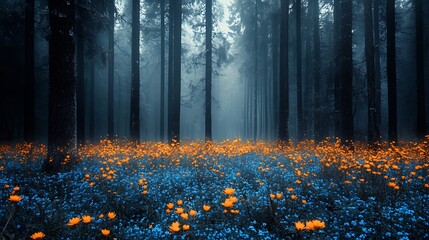 Canvas Print - A misty forest path with blue and orange flowers.