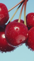 Wall Mural - Vibrant close-up of fresh cherries with water droplets against blue sky – perfect for spring print and poster