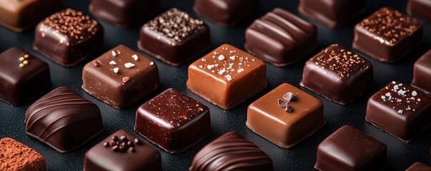 close-up of an array of gourmet chocolate pralines on a black backdrop, each piece showcasing a glos