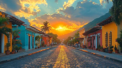 Sticker - A cobblestone street lined with brightly colored houses, with the sun setting in the distance.