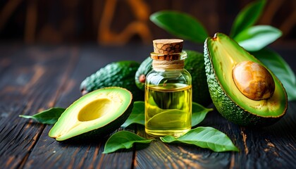 Avocado Essential Oil and Fresh Avocado in Organic Cosmetics on Dark Wood Background