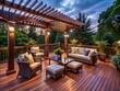 © Four888 - A beautifully staged deck with a classic mahogany stain and elegant wicker furniture under a lattice pergola, enhanced by ambient lighting for evening enjoyment.