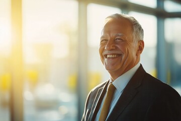 High-resolution brightly lit photorealistic candid photograph of a senior businessman radiating happiness in a high-end lifestyle magazine style. The bright, cheerful ambiance complements his joy.