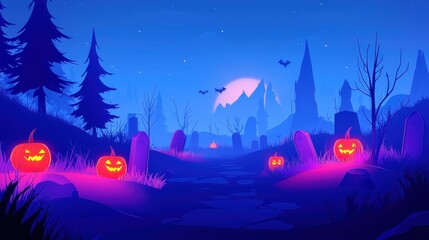 Wall Mural - Spooky Halloween landscape with glowing jack o lanterns and castle silhouette