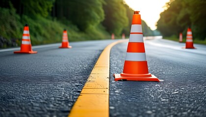 Asphalt road featuring traffic cones for ongoing road repair work