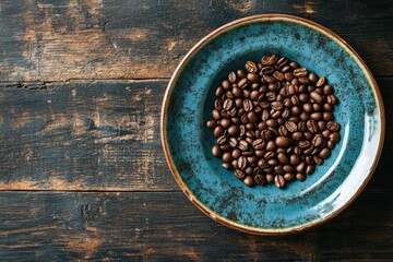 Plate with coffee beans on wooden table with generative ai